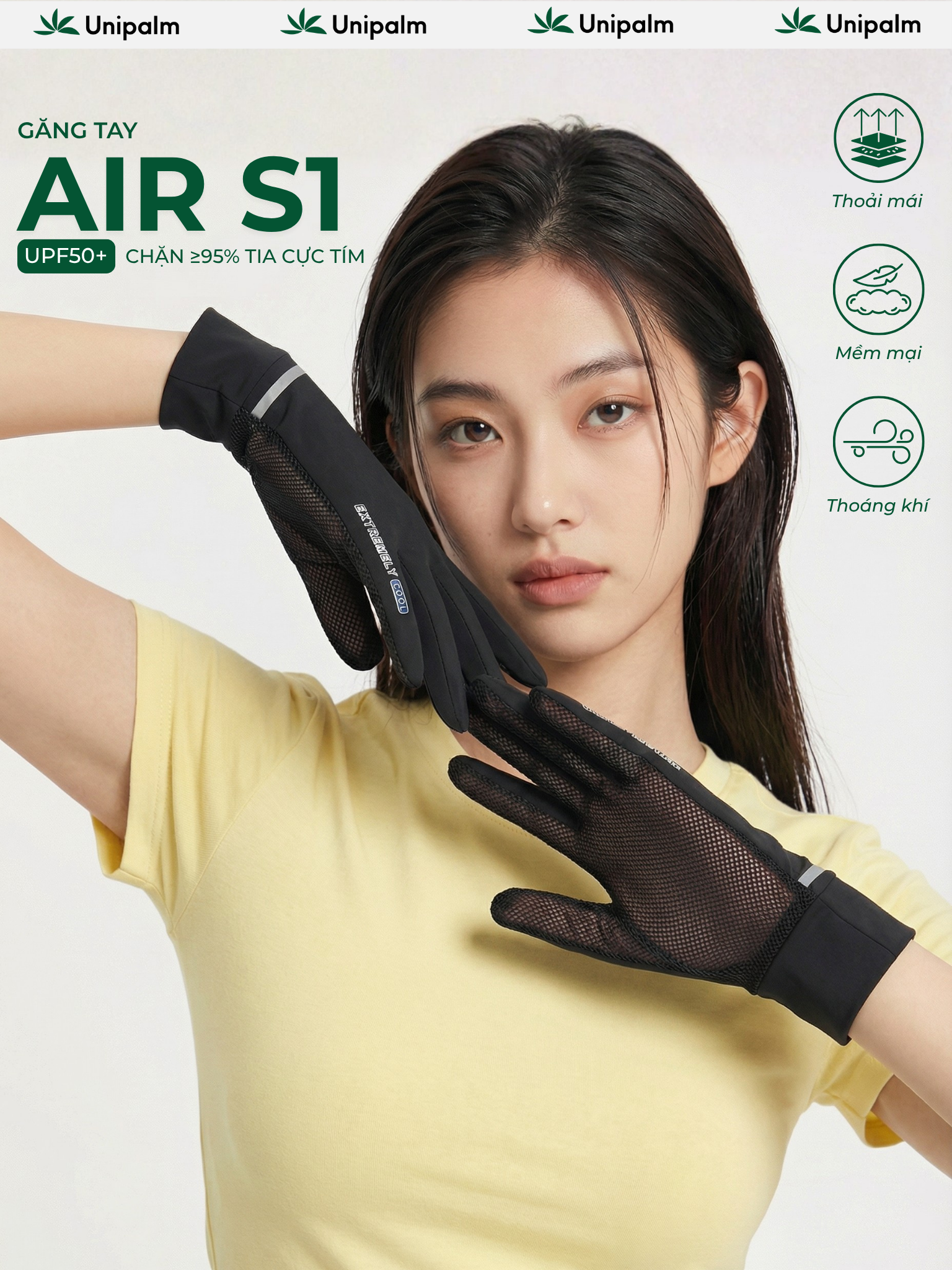 Găng tay chống nắng chống tia UV 99% Unipalm Air S1 cho nữ chạy xe vải lụa băng mát mềm thoáng khí