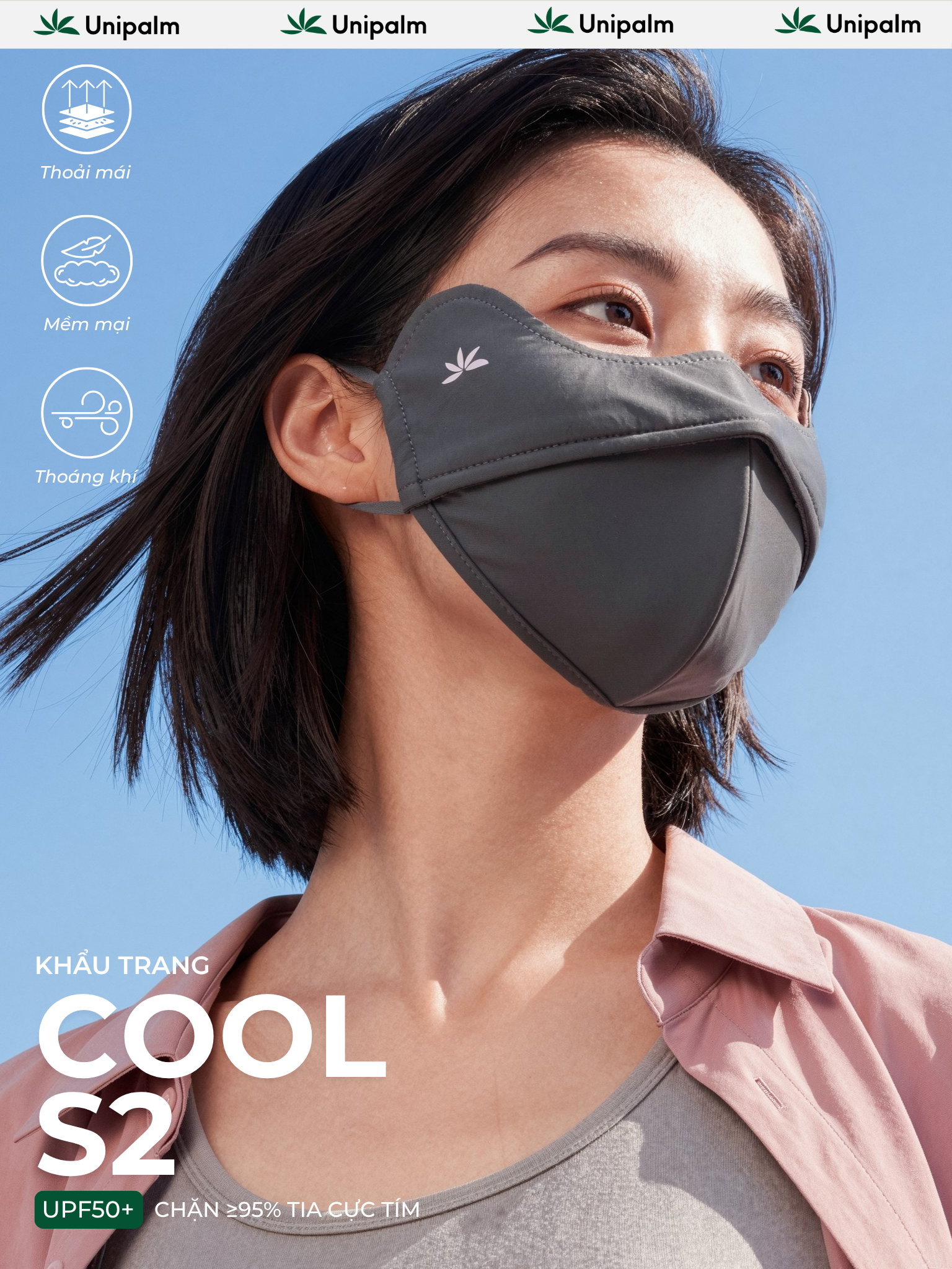 Khẩu trang chống tia UV Unipalm Cool S2 , chống nắng UPF 50+ Vải lụa băng mềm, có gọng 2 lớp