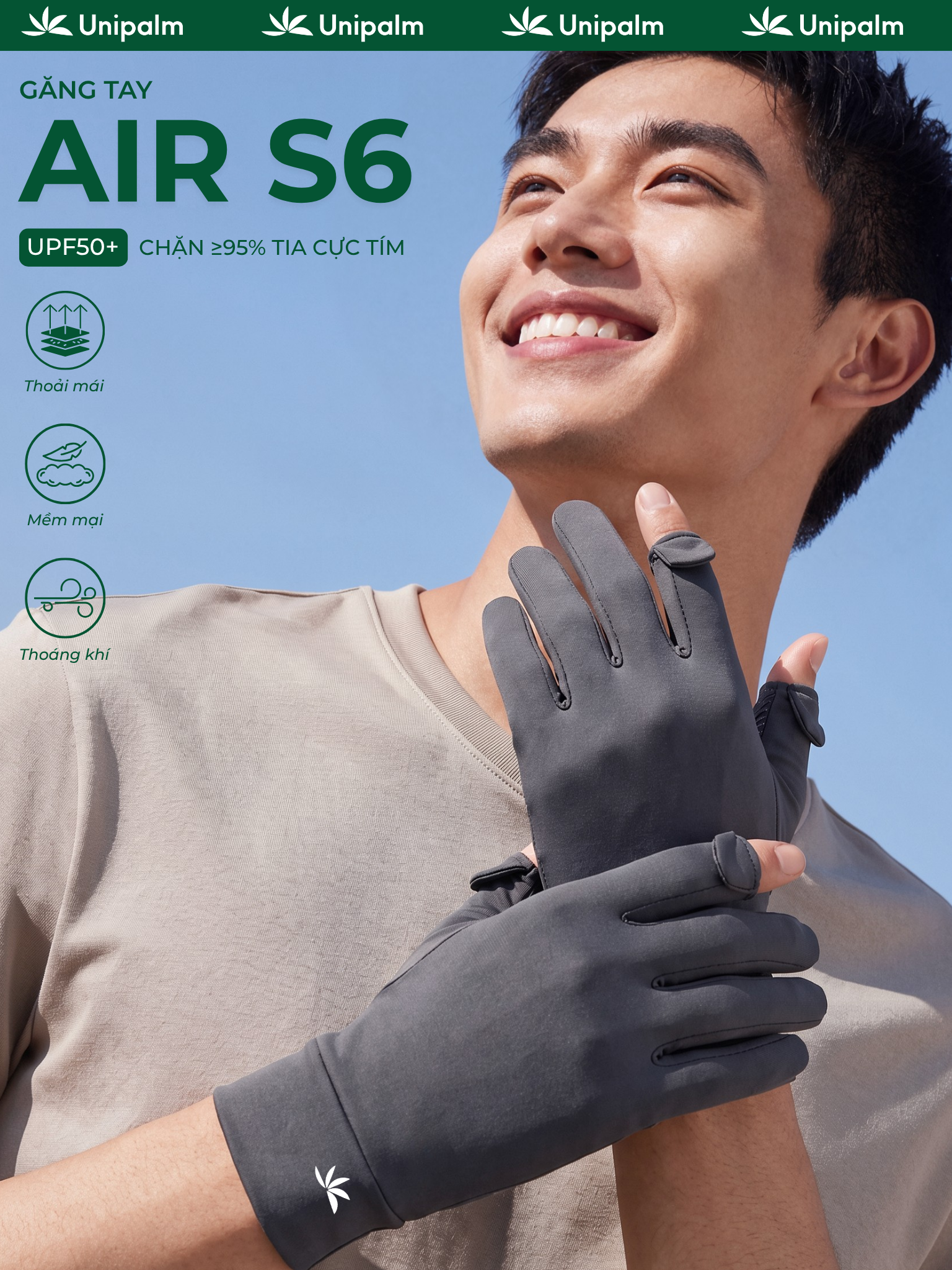 Găng tay chống nắng cho nam Unipalm Air S6 chống tia UV UPF50+ co giãn 4 chiều lái xe đi phượt